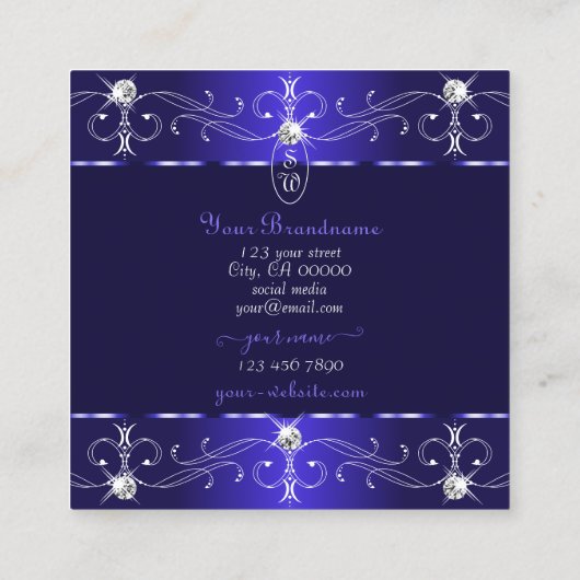 Carte De Visite Carré Extravagant Royal Blue Ornate Ornat Initiales (Dos)