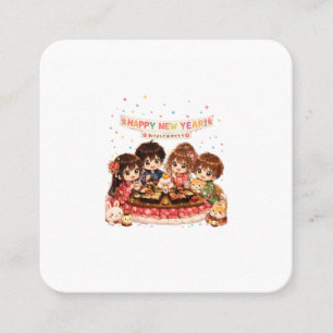 Carte De Visite Carré • Famille Chibi faisant la fête du Nouvel An autou