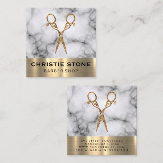 Carte De Visite Carré Fancy Salon Shears Marble Gold Trier (Devant / Derrière)