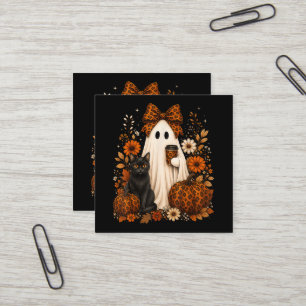 Carte De Visite Carré Fantôme avec Chat Noir Café Halloween