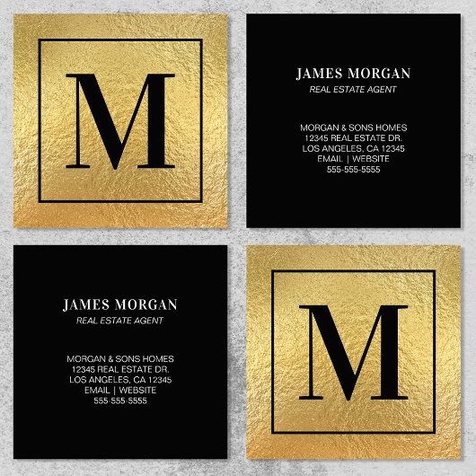 Carte De Visite Carré Faux Gold Foil Black Border Monogramme