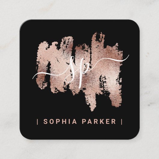 Carte De Visite Carré Faux Rose Gold sur Black | Monogramme (Devant)