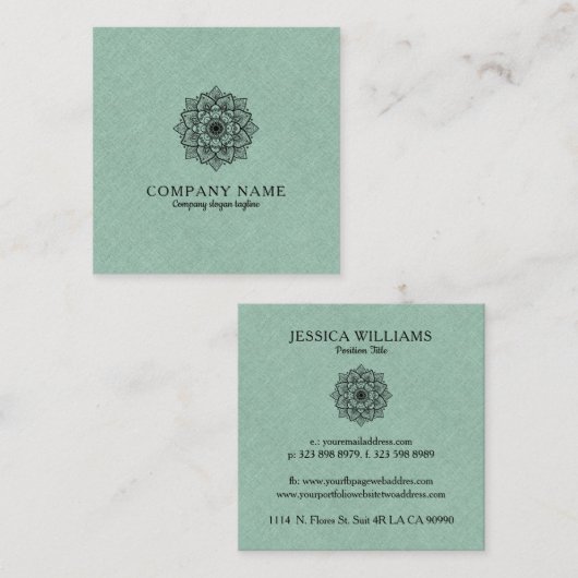 Carte De Visite Carré Faux vert Sage Lin & Mandala noir (Devant / Derrière)