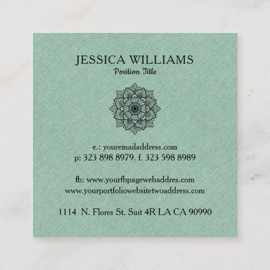 Carte De Visite Carré Faux vert Sage Lin & Mandala noir (Dos)
