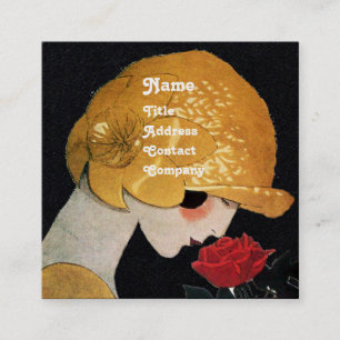 Carte De Visite Carré FEMME AVEC ROSE ROUGE BEAUTÉ MODE COSTUME Noir