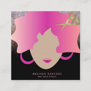 Carte De Visite Carré Femme Cheveux Rose Faux Gold Parties scintillant S