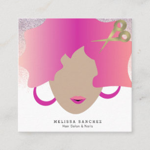 Carte De Visite Carré Femme Cheveux Rose Faux Gold Parties scintillant S