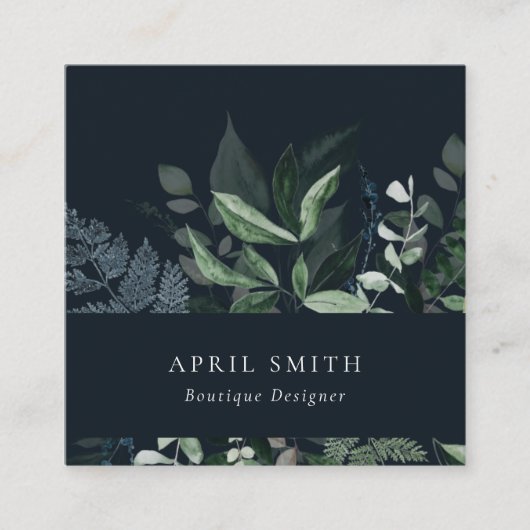 Carte De Visite Carré Ferme à feuillage tropical vert de la Marine moder (Devant)