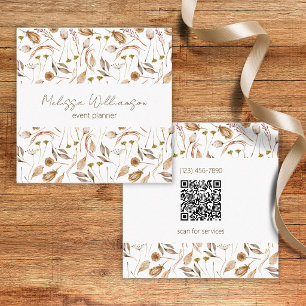 Carte De Visite Carré Feuilles Bohèmes avec Code QR
