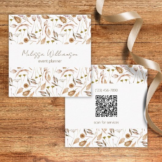 Carte De Visite Carré Feuilles Bohèmes avec Code QR