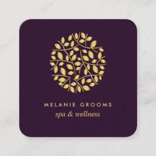 Carte De Visite Carré Feuilles d'or  violet   wellness massage spa yoga