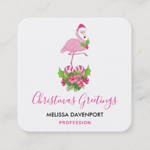 Carte De Visite Carré Flamant rose en chapeau de Père Noël, Noël fantais