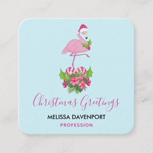 Carte De Visite Carré Flamant rose rose à Santa Hat Noël Whimsical (Devant)