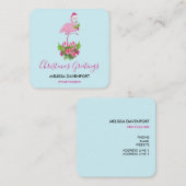 Carte De Visite Carré Flamant rose rose à Santa Hat Noël Whimsical (Devant / Derrière)