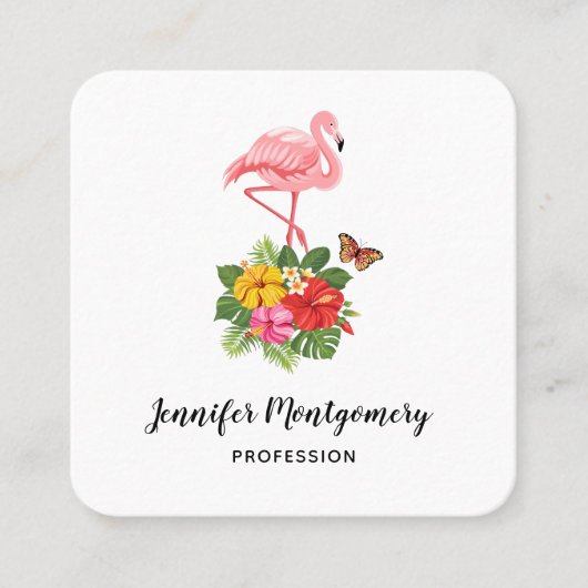 Carte De Visite Carré Flamant rose rose & Hibiscus Tropical Fancy (Devant)