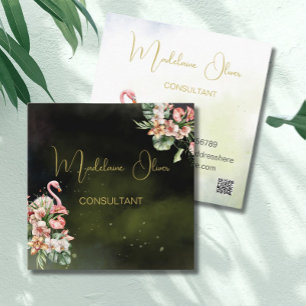 Carte De Visite Carré Flamant rose Tropical Botanique Noir Florist QR
