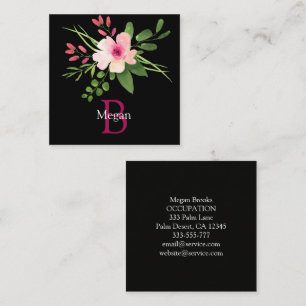 Carte De Visite Carré Fleur aquarelle, nom, monogramme et infos sur fond