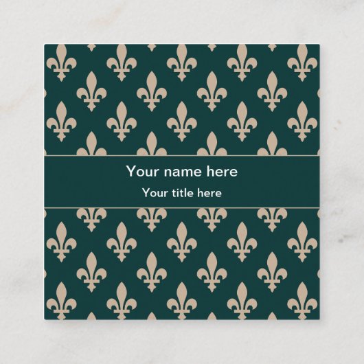 Carte De Visite Carré Fleur de Lis Motif, Français, Royal, Crème, Vert (Dos)