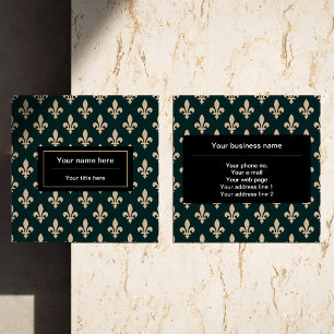 Carte De Visite Carré Fleur de Lis Motif, Français, Royal, Crème, Vert