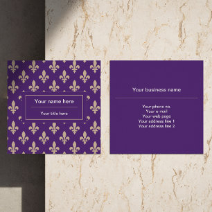 Carte De Visite Carré Fleur de Lis Motif, Français, Royal, Crème, Violet