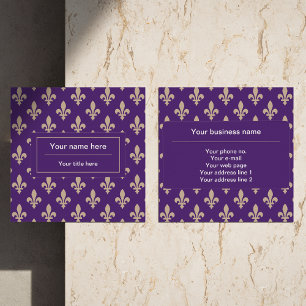 Carte De Visite Carré Fleur de Lis Motif, Français, Royal, Crème, Violet