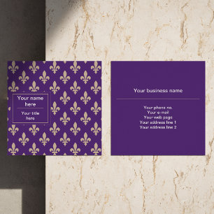 Carte De Visite Carré Fleur de Lis Motif, Français, Royal, Crème, Violet