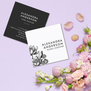 Carte De Visite Carré Fleur noire et blanche à Nénuphar floral minimal