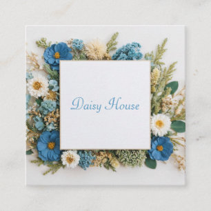 Carte De Visite Carré Fleur Préservée Cadre Doré Fleur Bleu Cobalt