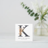 Carte De Visite Carré Fleur sauvage Boho Initial K QR Code (Debout devant)