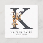 Carte De Visite Carré Fleur sauvage Boho Initial K QR Code (Devant)