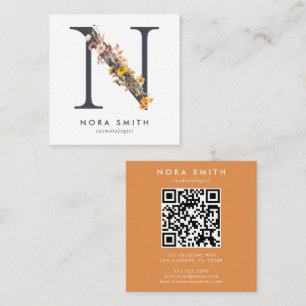 Carte De Visite Carré Fleur sauvage Boho Initial N QR Code