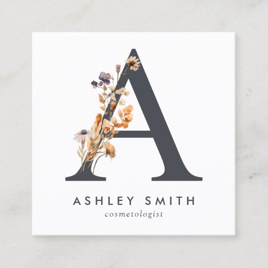 Carte De Visite Carré Fleur sauvage Boho Initiale A QR Code (Devant)