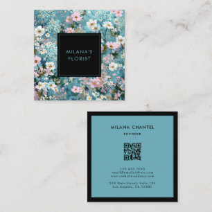 Carte De Visite Carré Fleuriste Fleur Moderne Tendance Bleu Rose Blanc