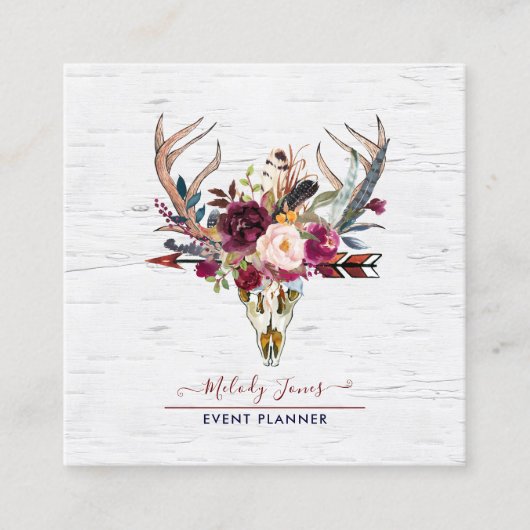 CARTE DE VISITE CARRÉ FLEURS A L'AQUARELLE RUSTIQUE, CRÂNE + FLÈCHE BOHO (Devant)