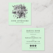 Carte De Visite Carré Fleurs d'aquarelle gris moderne vert menthe rose (Devant / Derrière)