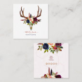 CARTE DE VISITE CARRÉ FLEURS DE COULEUR D'EAU, BOHO SKULL+FLÈCHE (Devant / Derrière)