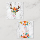 CARTE DE VISITE CARRÉ FLEURS DE COULEUR D'EAU, BOHO SKULL+FLÈCHE+MARBRE (Devant / Derrière)