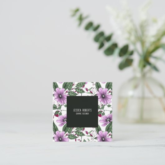 Carte De Visite Carré Fleurs de lavande avec feuilles verts sans soudure (Debout devant)