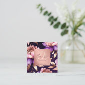 Carte De Visite Carré Fleurs d'or violet rose chic modèle moderne (Debout devant)