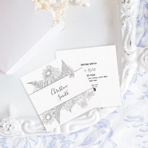 Carte De Visite Carré Fleurs Florales Élégantes Noires Et Blanches