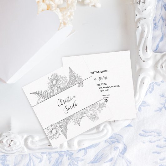 Carte De Visite Carré Fleurs Florales Élégantes Noires Et Blanches