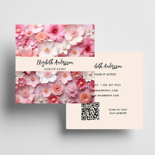 Carte De Visite Carré Fleurs rose crème photo logo QR
