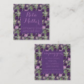 Carte De Visite Carré Fleurs violettes de chardon et rayures violettes (Devant / Derrière)