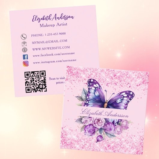 Carte De Visite Carré Fleurs violettes roses papillon QR code médias soc