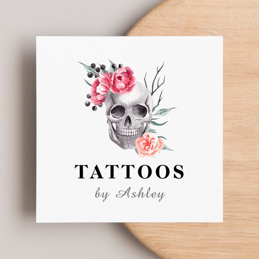 Carte De Visite Carré Floral Feminine Crâne Girl Tattoo Artiste Moderne