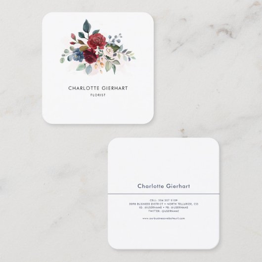 Carte De Visite Carré Floral Fleuron moderne fleuriste professionnel (Devant / Derrière)