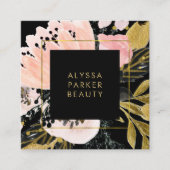 Carte De Visite Carré Flore noire rose et or sur noir (Devant)