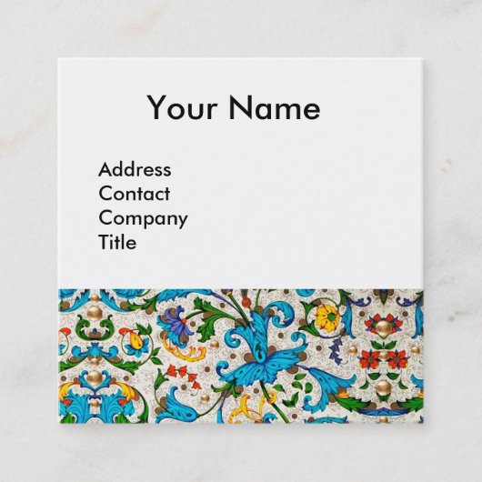 CARTE DE VISITE CARRÉ FLORENTINE RENAISSANCE BLEU FLORAL SWIRLS, FLEURS (Devant)