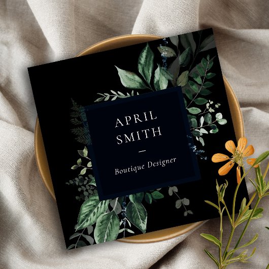 Carte De Visite Carré Foliage Tropical Foliage Vert Noir Moderne