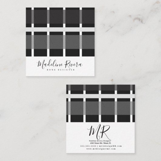 Carte De Visite Carré Formes Gris Noir Plaid Motif Tartan (Devant / Derrière)